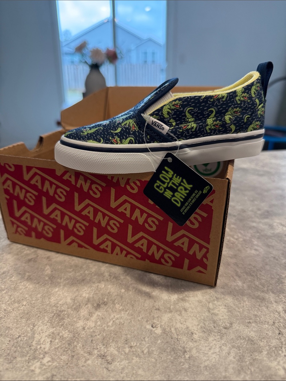 Vans Kids Slip-On Sneakers in Navy with Neon Green Dinosaur Print
